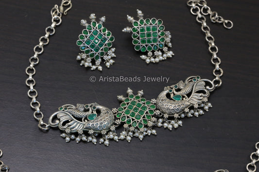 Silver Tone Brass Choker Set -Green