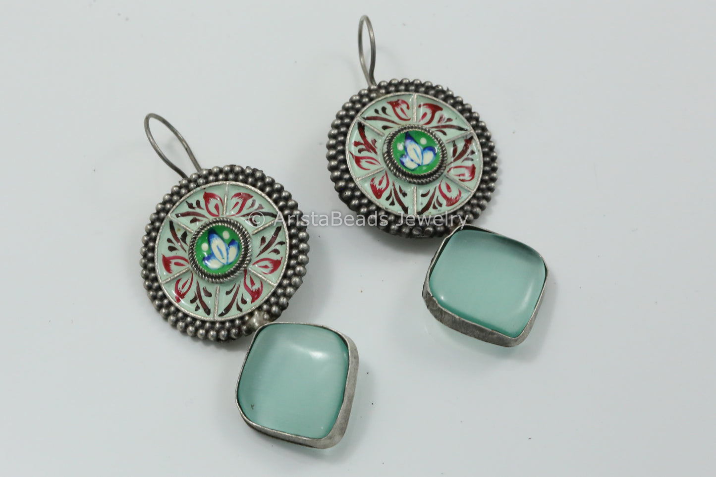 Handmade Meenakari Hook Earring - Mint