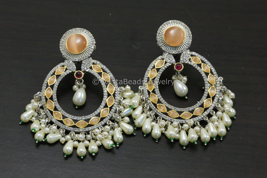 Dual Tone CZ & Pota Stone Chandbaali - Peach
