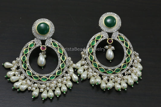 Dual Tone CZ & Pota Stone Chandbaali - Green