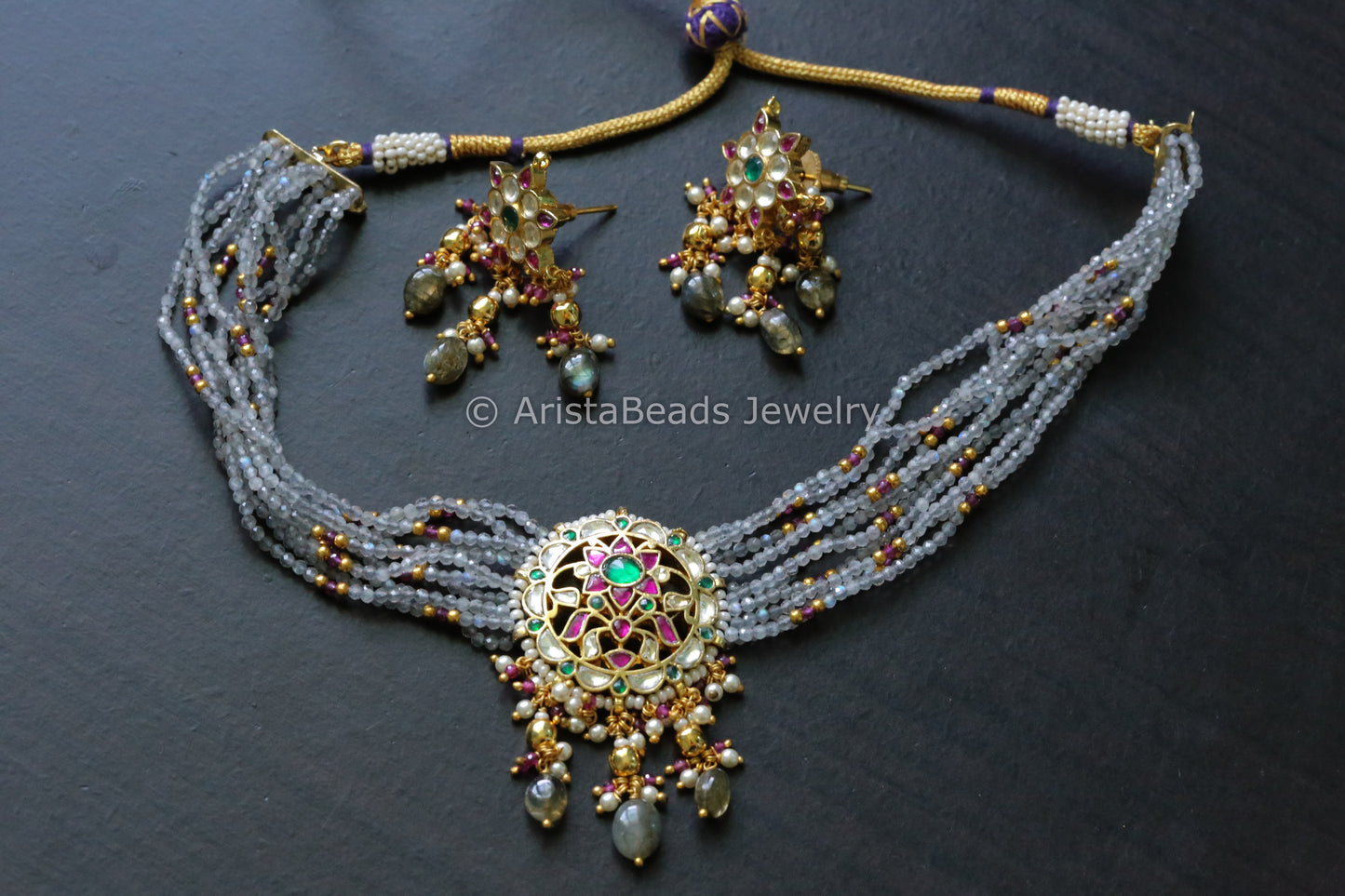 Real Labradorite Jadau Pachi Necklace Set