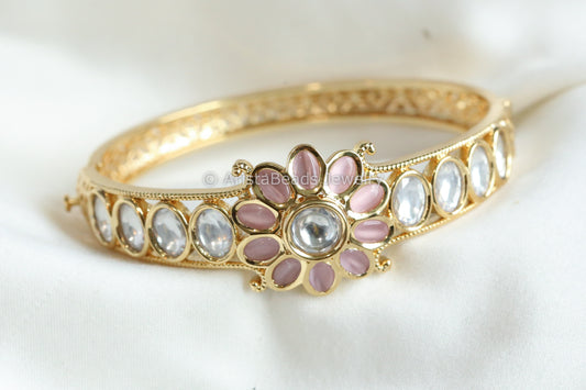 Dainty Uncut Kundan Gold Bracelet - PInk