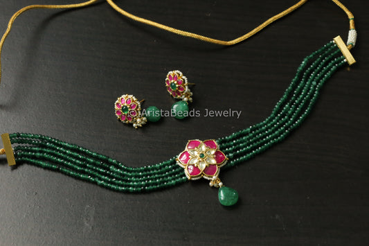 Dainty Pachi Kundan Choker Set - Ruby Green
