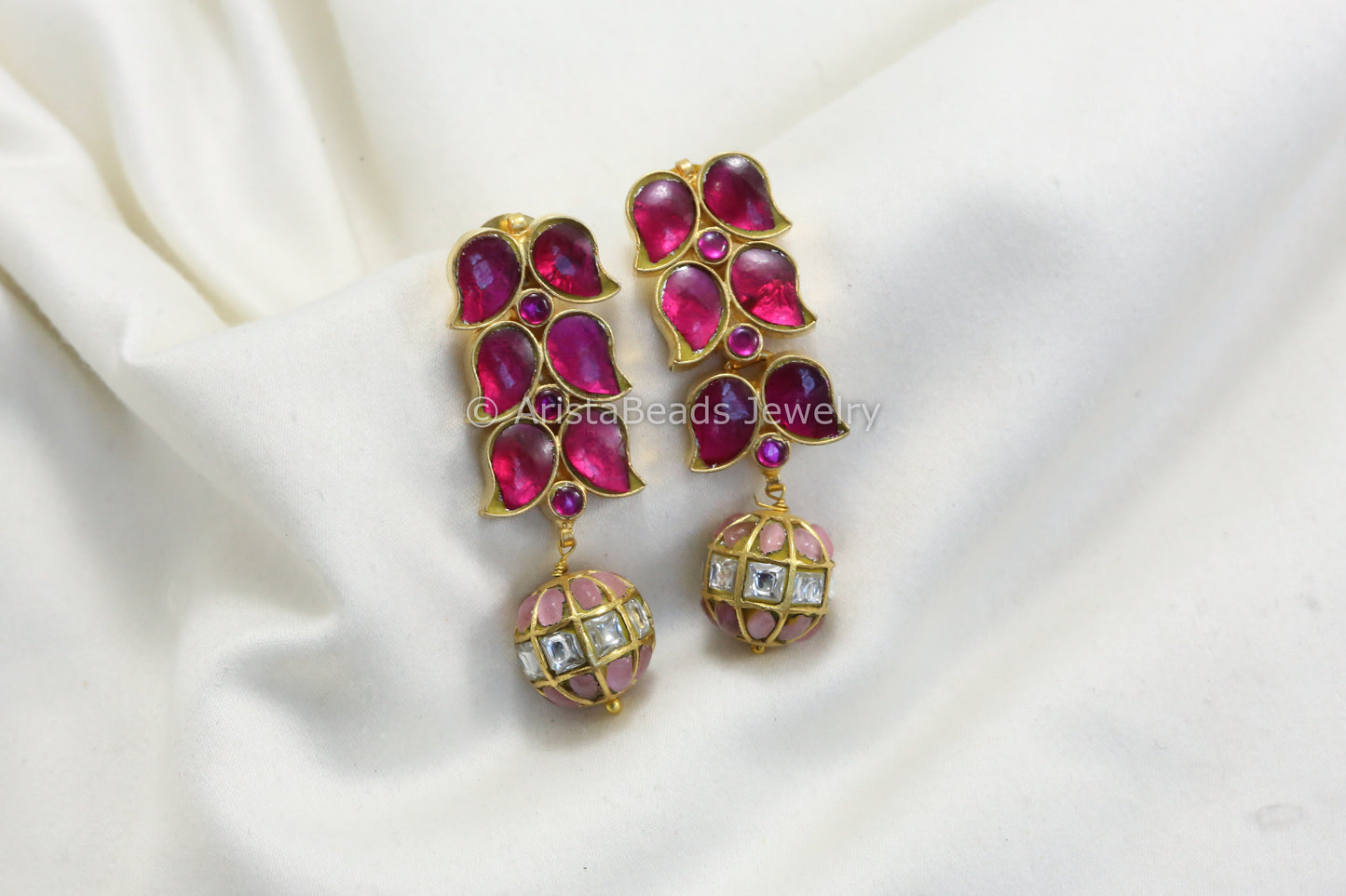Jadau Kundan Earrings -Ruby Pink & Clear