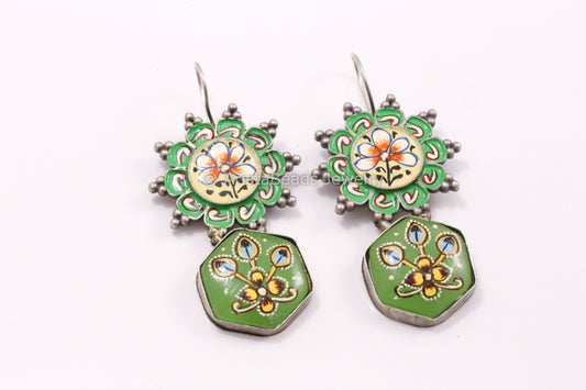 Enamel & Tanjore Work Earrings - Green