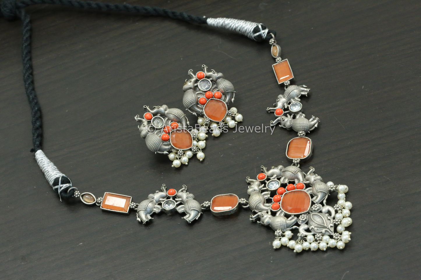 Coral Orange Elephant Necklace Set