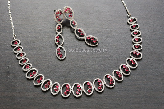 Dainty Fine CZ Work Necklace Set - Ruby