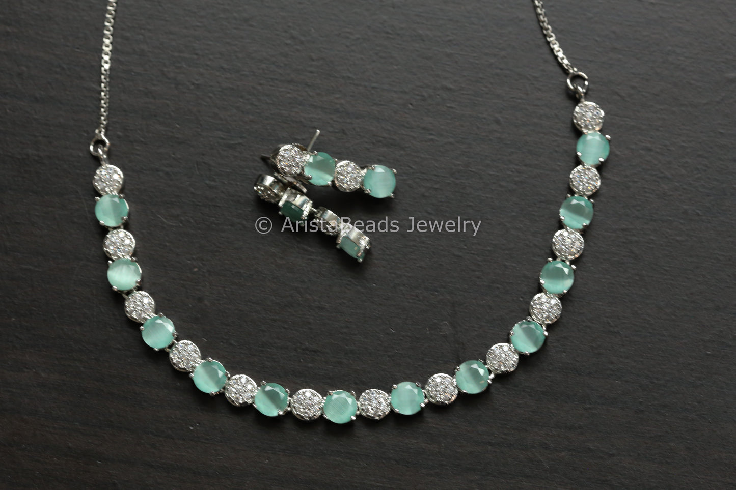 Dainty CZ & Monalisa Stones Necklace Set - Mint