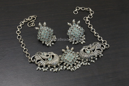 Silver Tone Brass Choker Set - Mint
