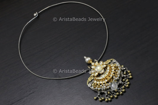 925 Silver Kundan Motif Hasli Necklace