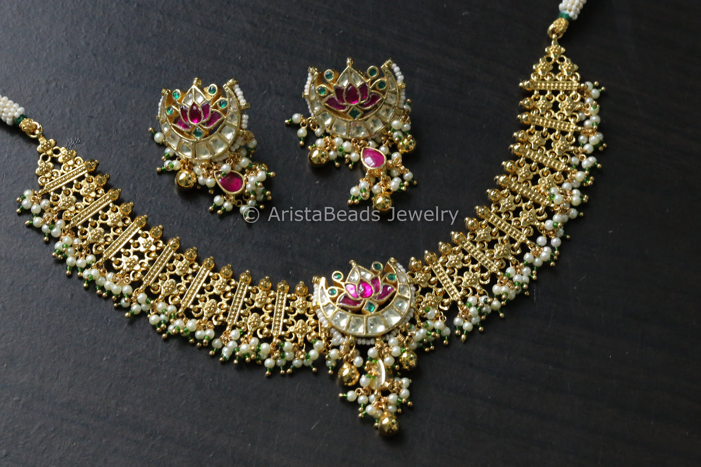 Gold Plated Pachi Kundan Lotus  Necklace Set