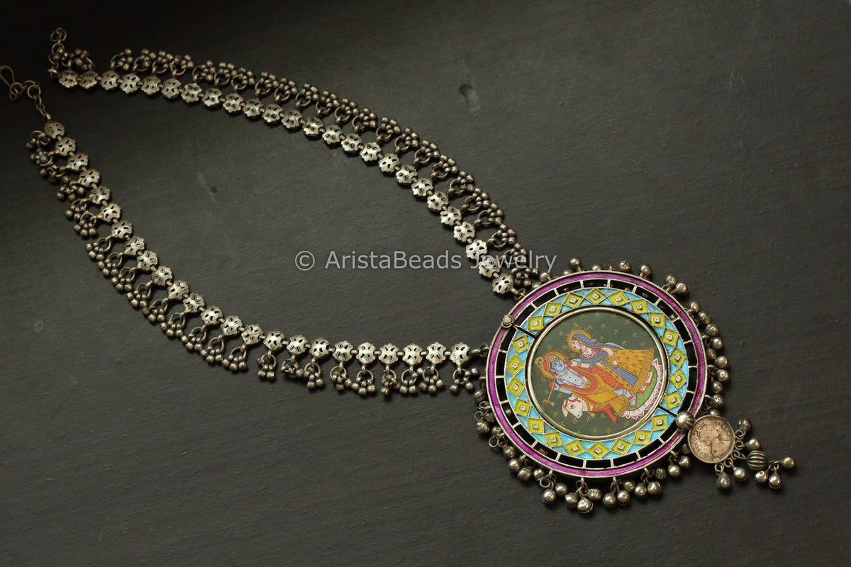 Oxidized Hand-Painted Enamel Necklace -Krishna