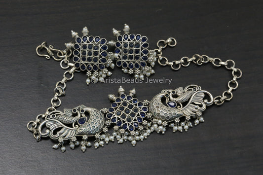 Silver Tone Brass Choker Set - Blue