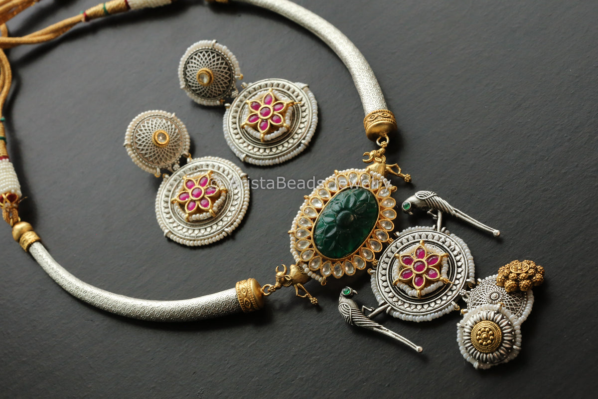 Real Silver Look Alike Kundan Hasli Necklace - Green Carved Stone