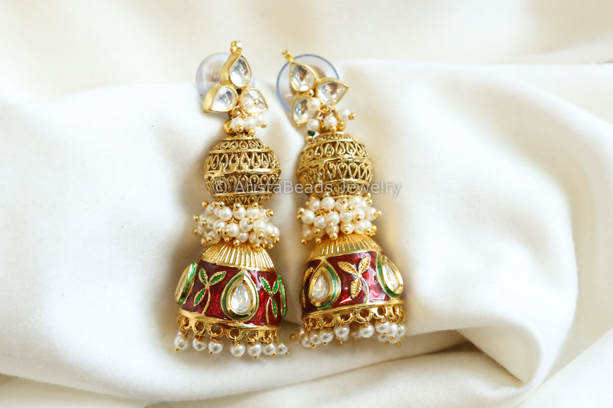 Pachi Kundan Enamel Jhumka - Red