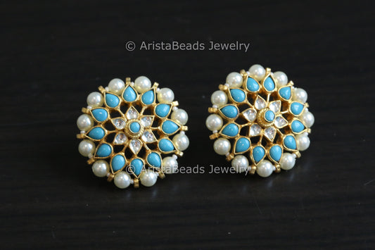 Extra Large Pachi Kundan Studs - Turquoise Pearl