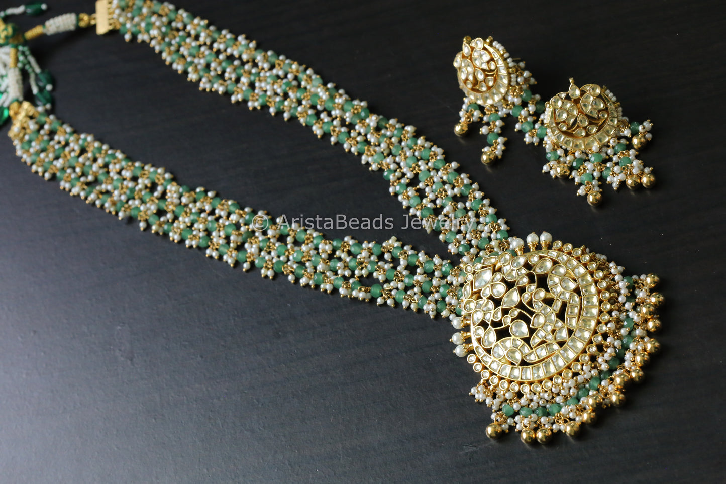 Jadau Pachi Kundan Necklace Set - Green