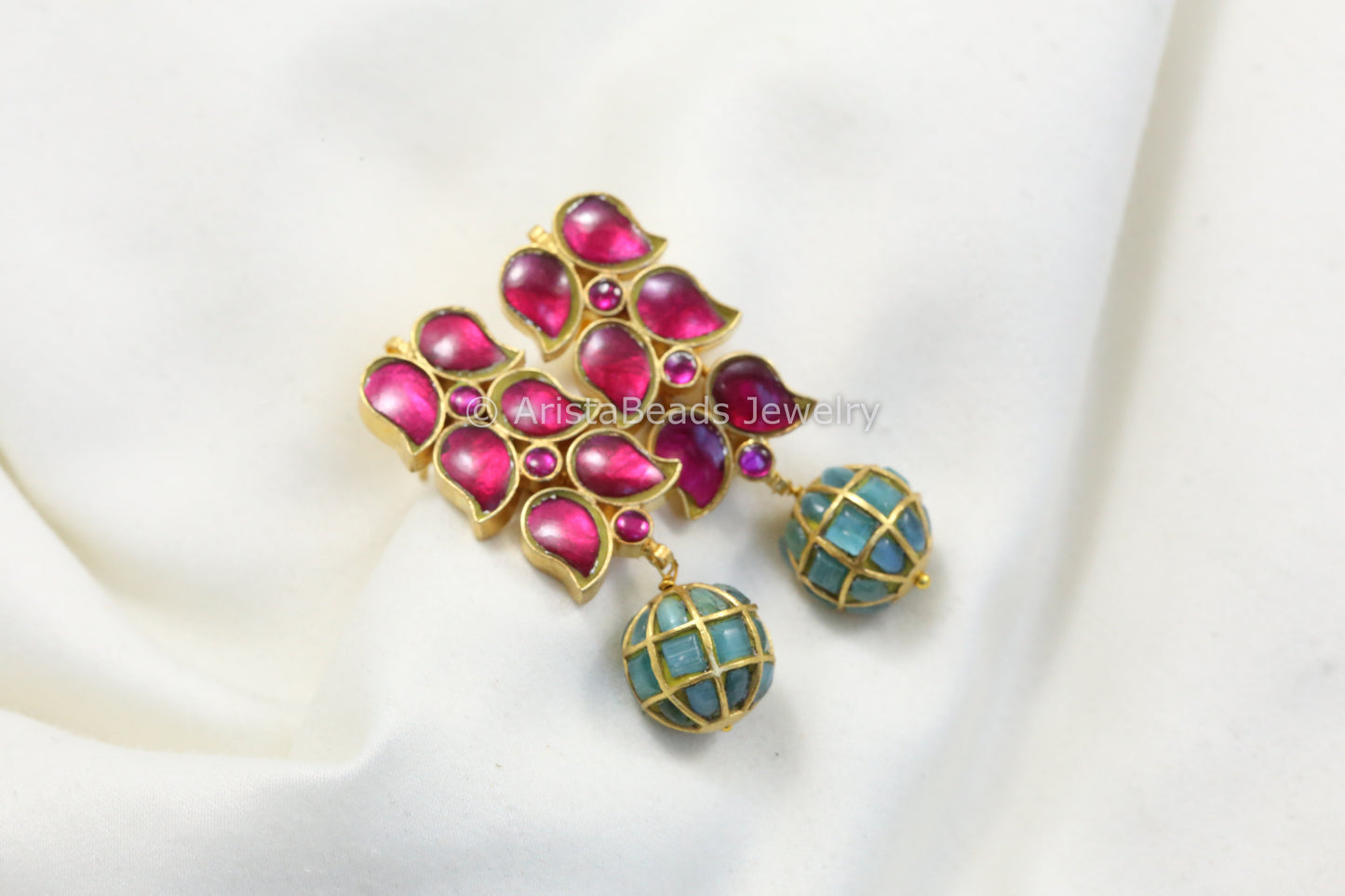Jadau Kundan Earrings - Ruby & Ice Blue