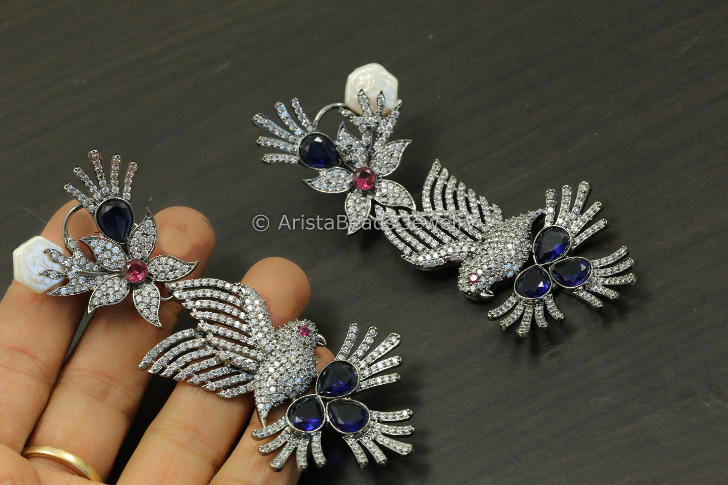 Large Victorian CZ & Baroque Pearl Earrings- Blue