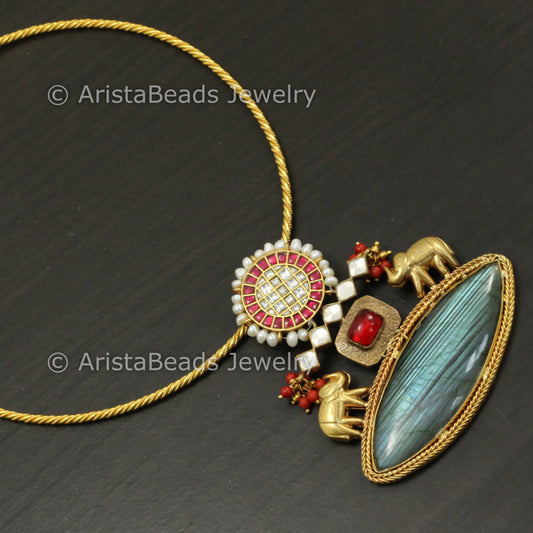 925 Sterling Silver Kundan Hasli Necklace - Labradorite