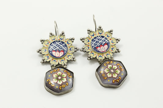 Enamel & Tanjore Work Earrings - Gray