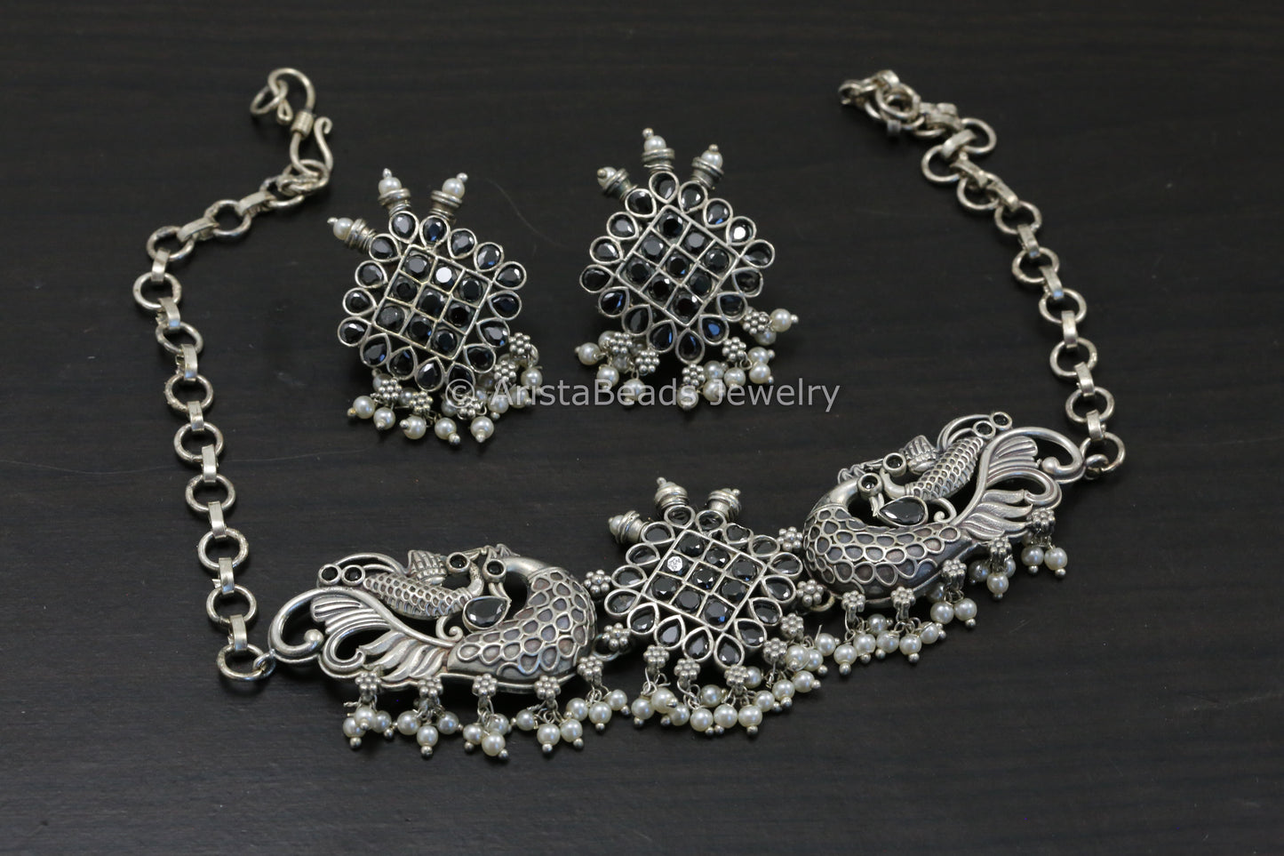 Silver Tone Brass Choker Set - Black