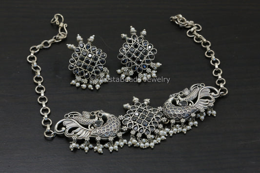Silver Tone Brass Choker Set - Black
