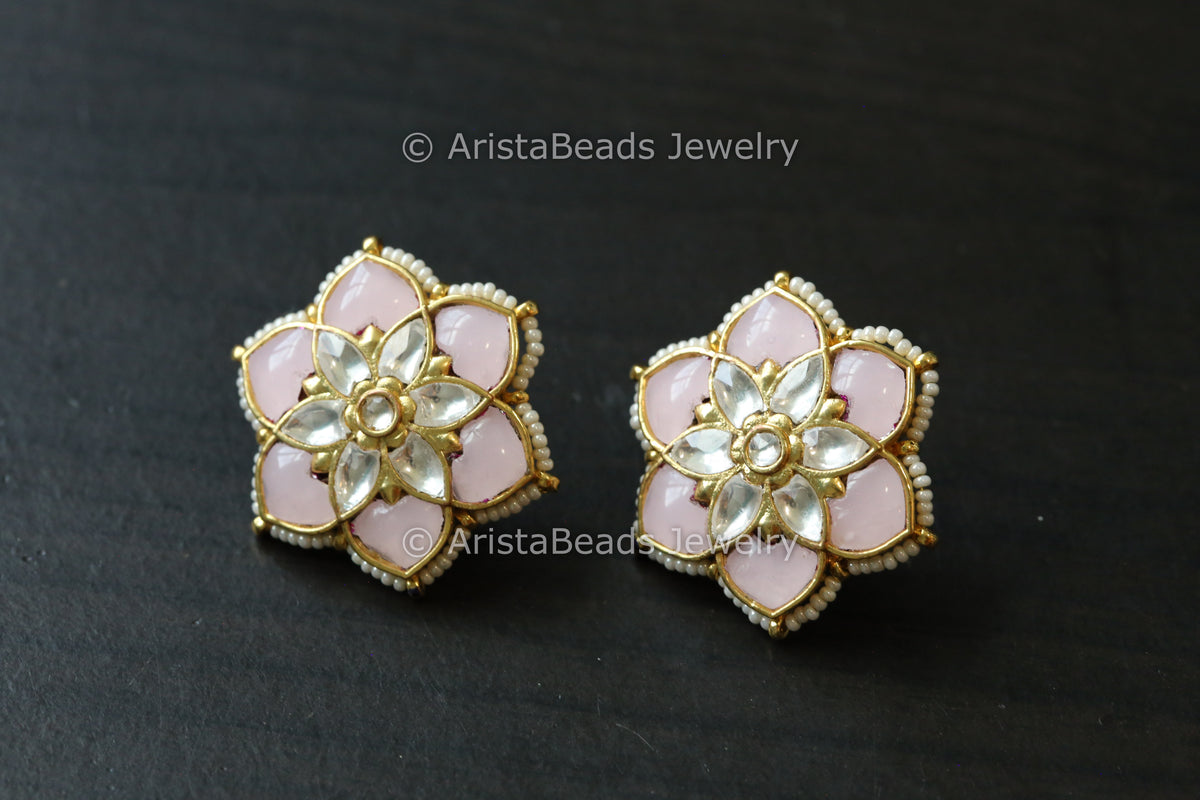 Pachi Kundan Studs - Pink