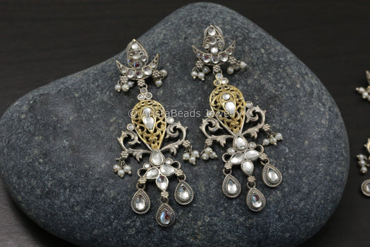Dual Tone Clear Kundan Earrings