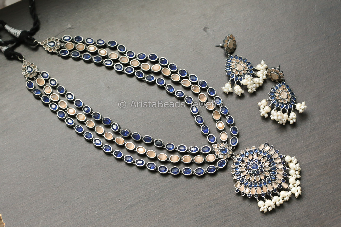 Long Oxidized Peach Blue Necklace Set