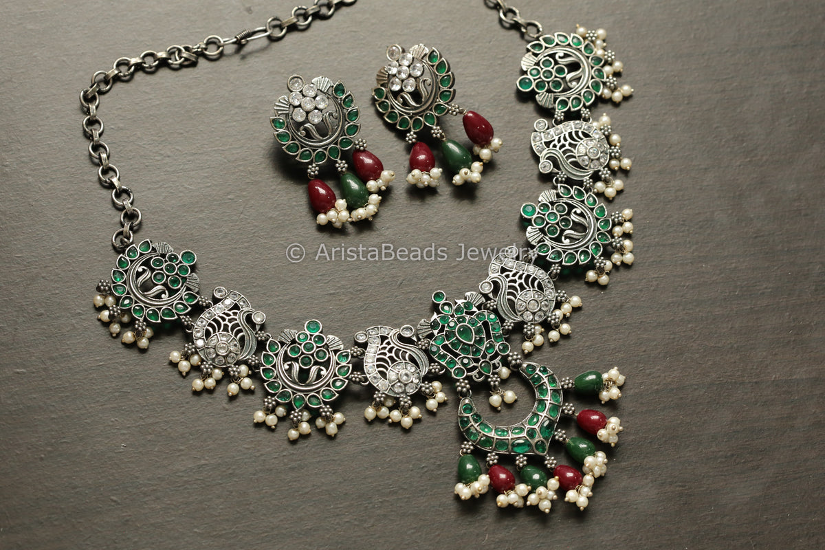 Oxidized Peacock Emerald Clear CZ Necklace Set