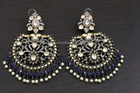 Victorian Kundan Chandbaali - Blue