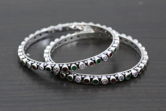 Silver Oxidized CZ Bangles -Multicolor