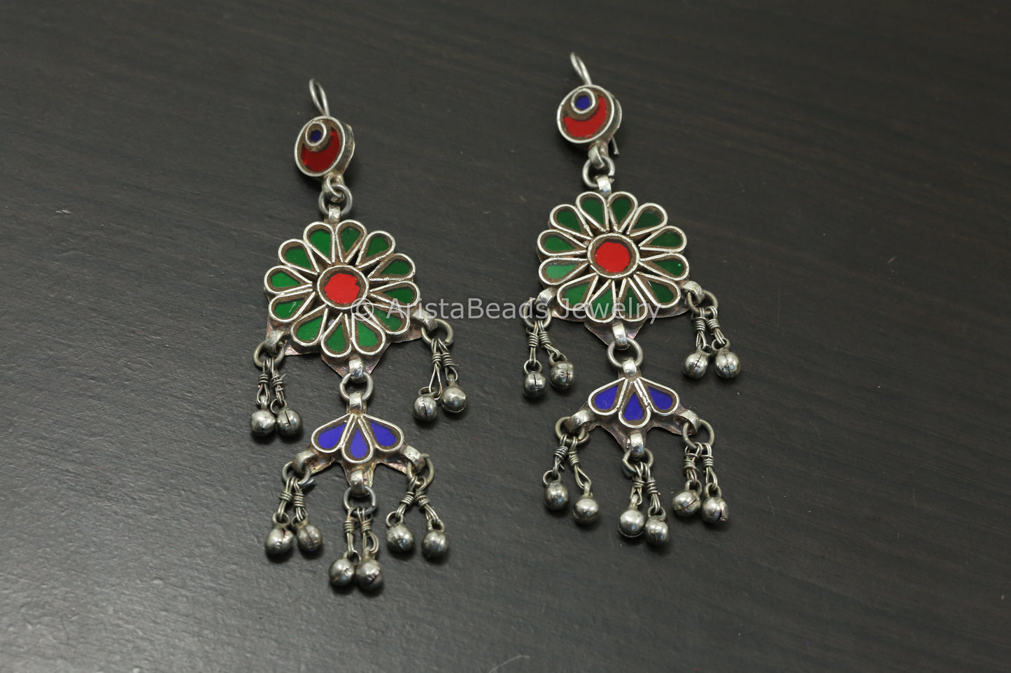Long Real Glass Earrings - Green Red & Blue