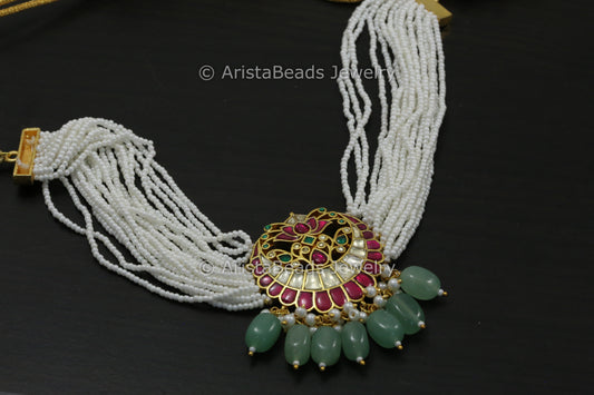 Kundan Necklace In Seed Pearl Mala - Green Drops