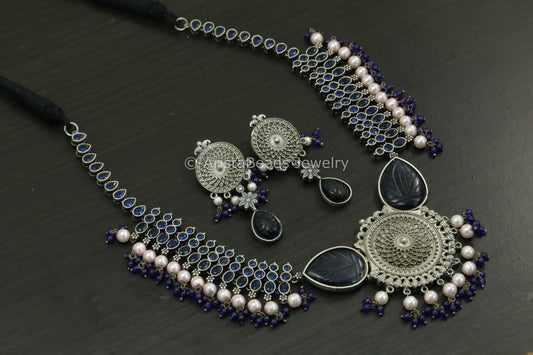 Blue Carved Stone & AD Necklace Set