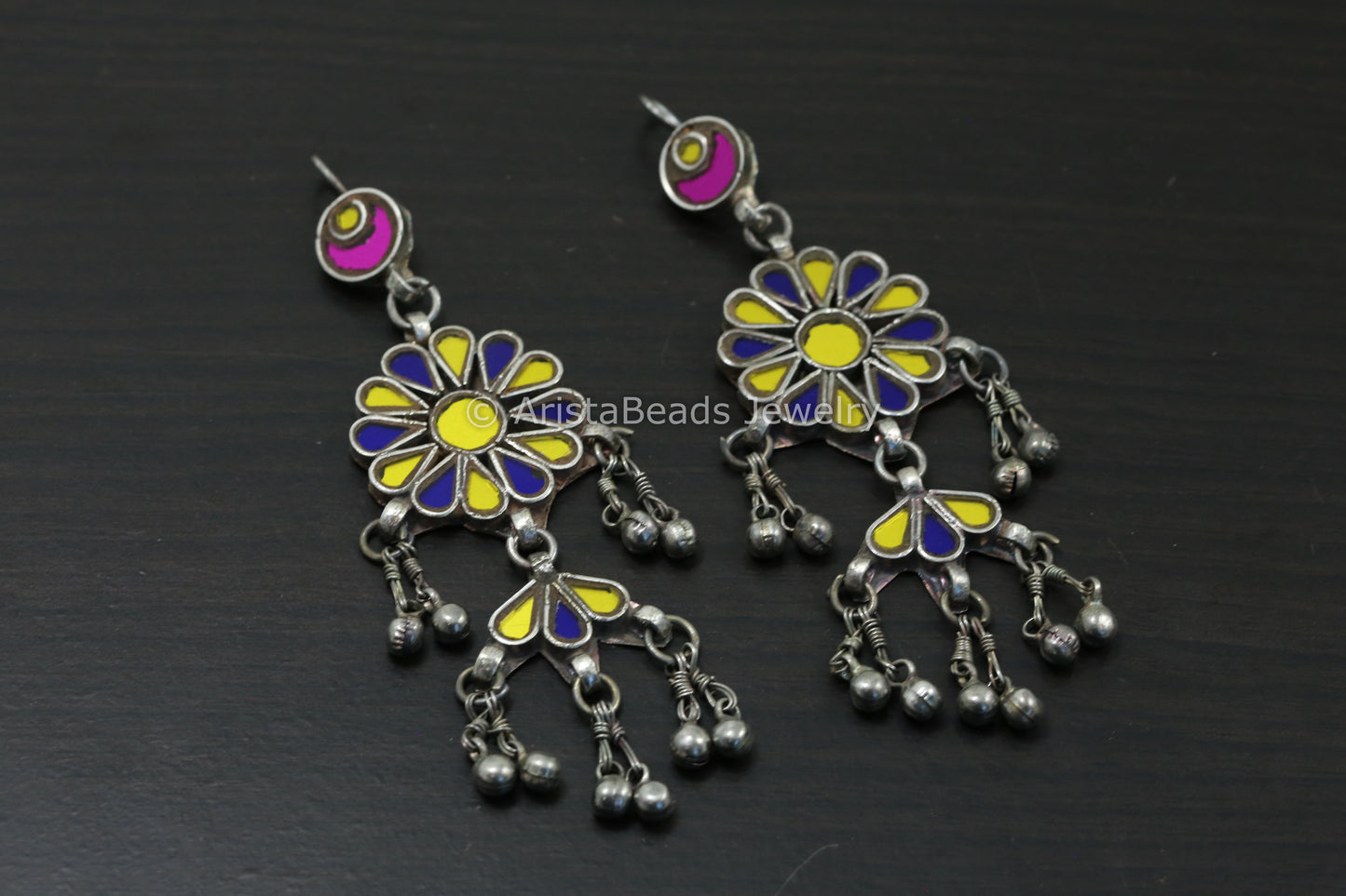 Long Real Glass Earrings - Yellow & Blue