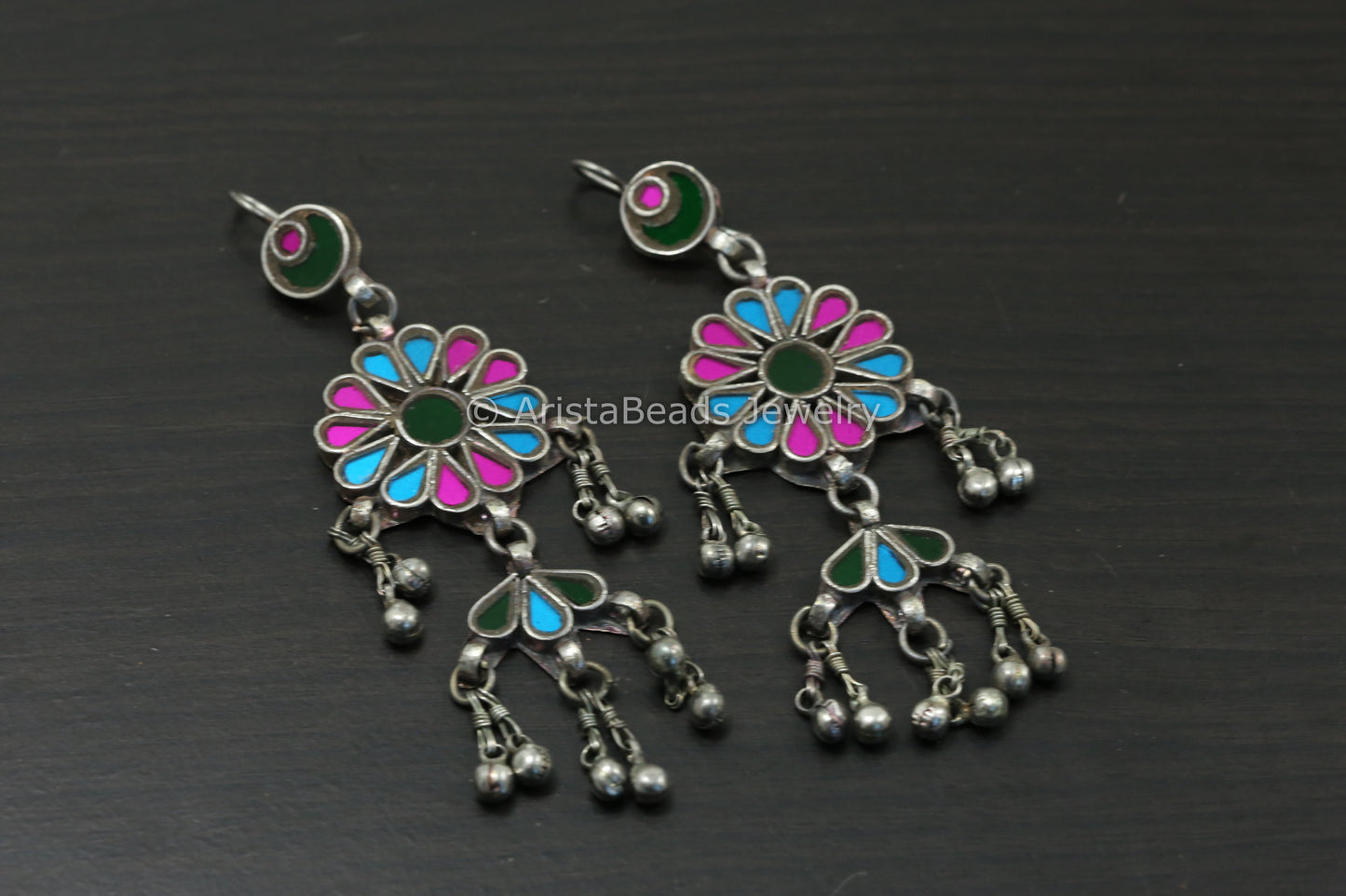 Long Real Glass Earrings - Pink, Blue & Green