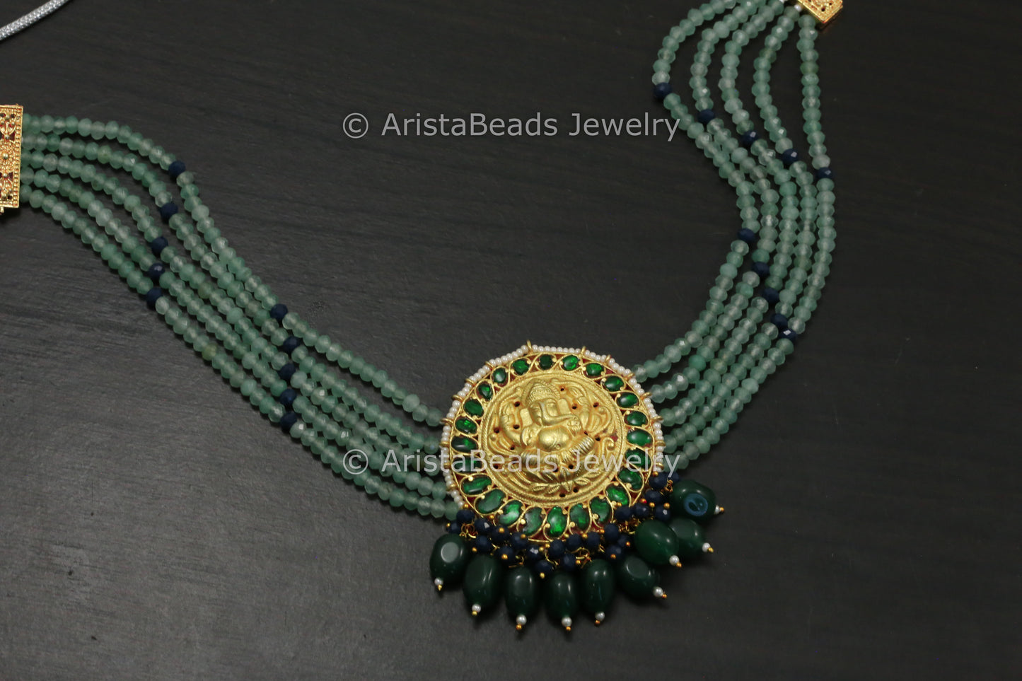 Jadau Kundan Ganesha Choker Necklace - Blue Green Drops