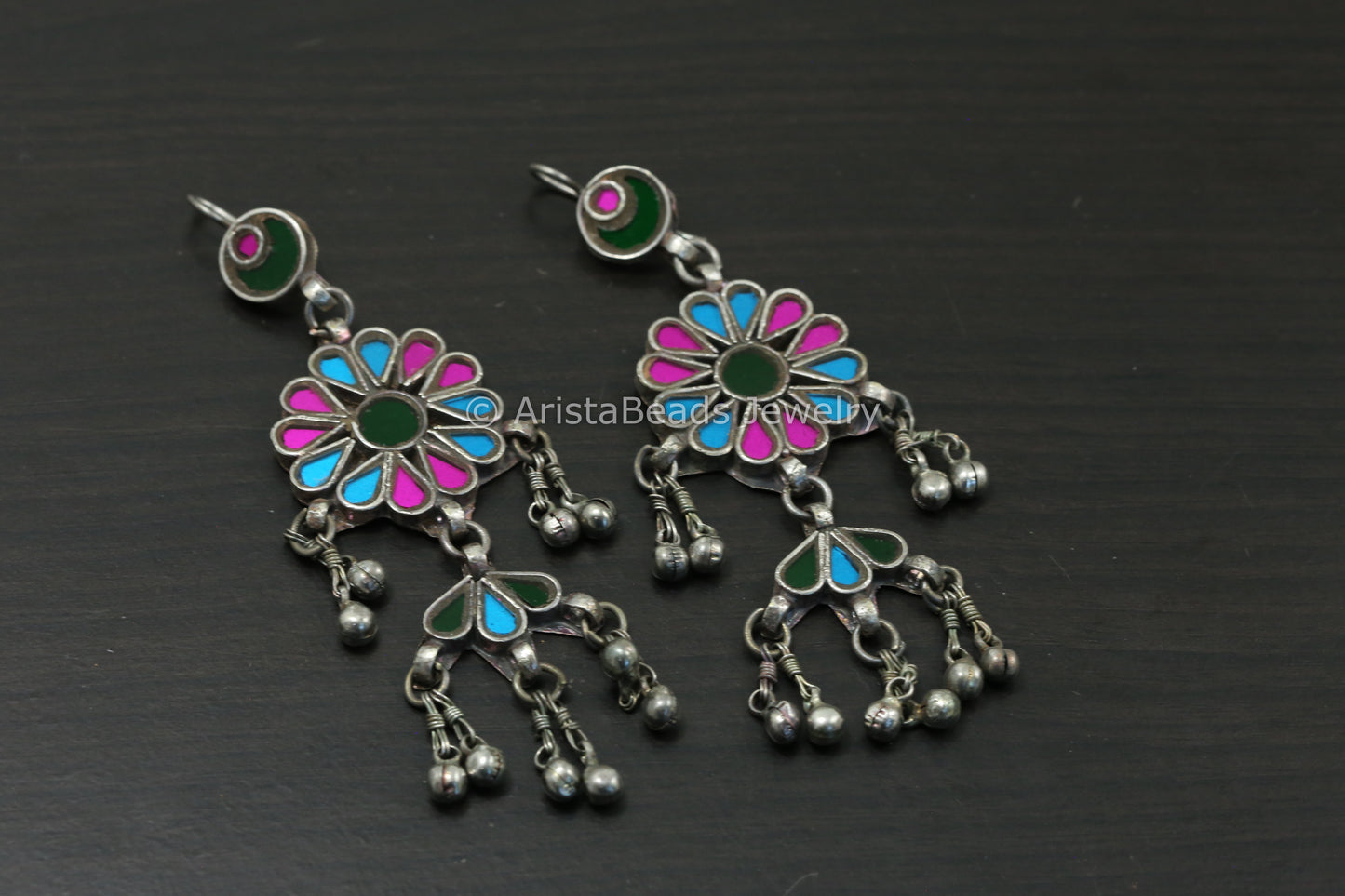 Long Real Glass Earrings - Pink, Blue & Green