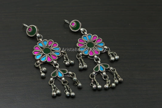 Long Real Glass Earrings - Pink, Blue & Green