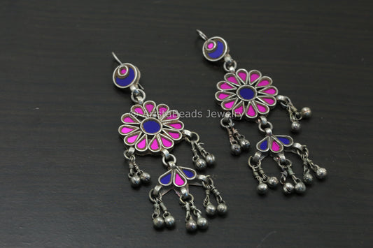 Long Real Glass Earrings - Pink & Blue