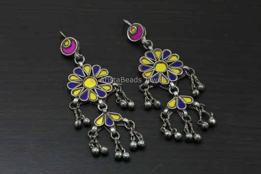 Long Real Glass Earrings - Yellow & Blue