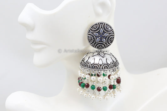 Silver Replica Jhumka - Green Red Pearl