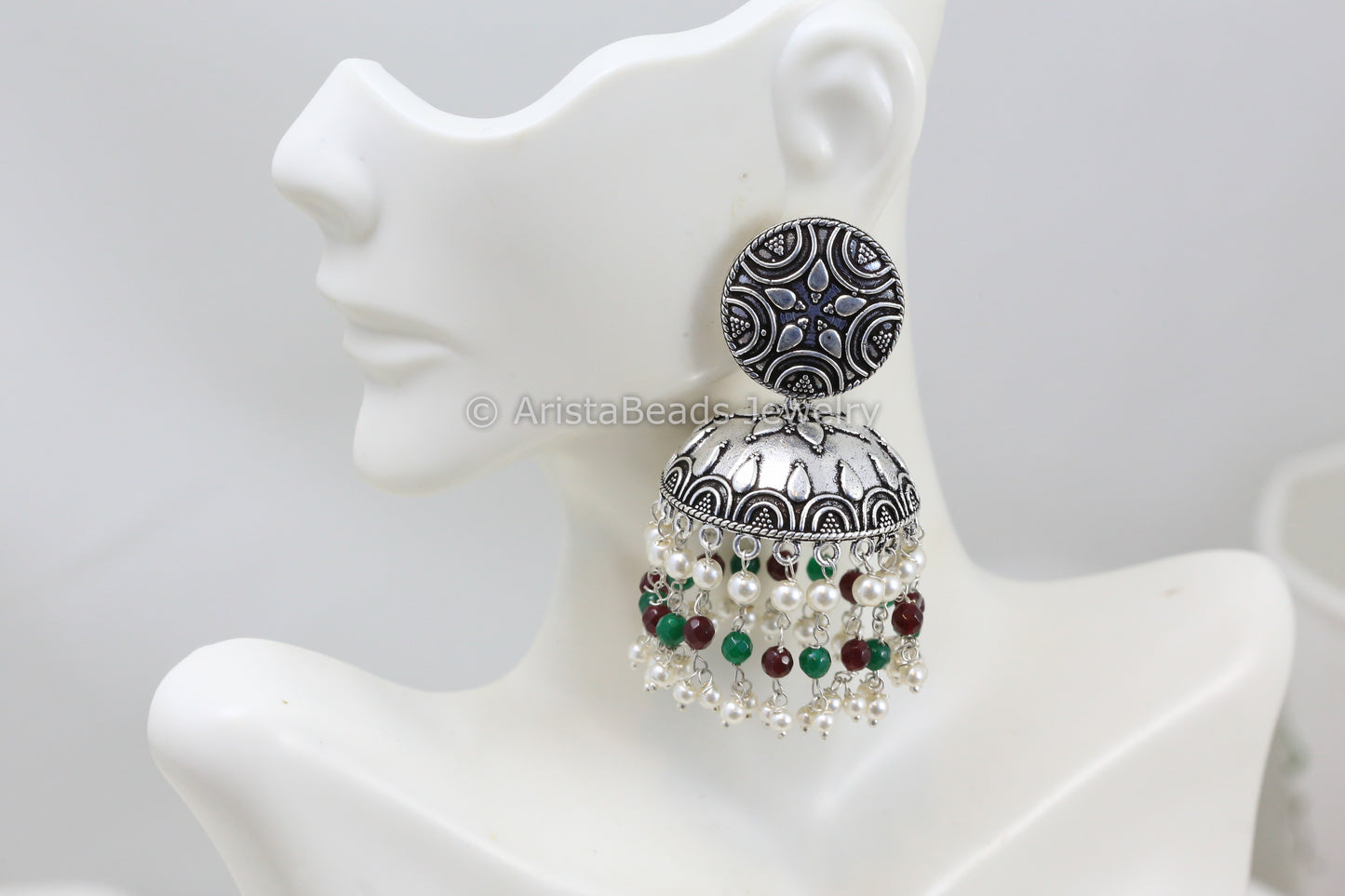Silver Replica Jhumka - Green Red Pearl
