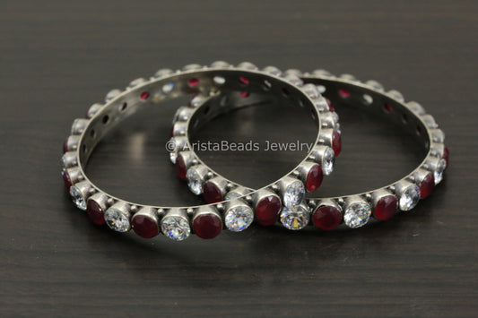 Silver Oxidized Red Clear CZ Bangle Pair (2.8)