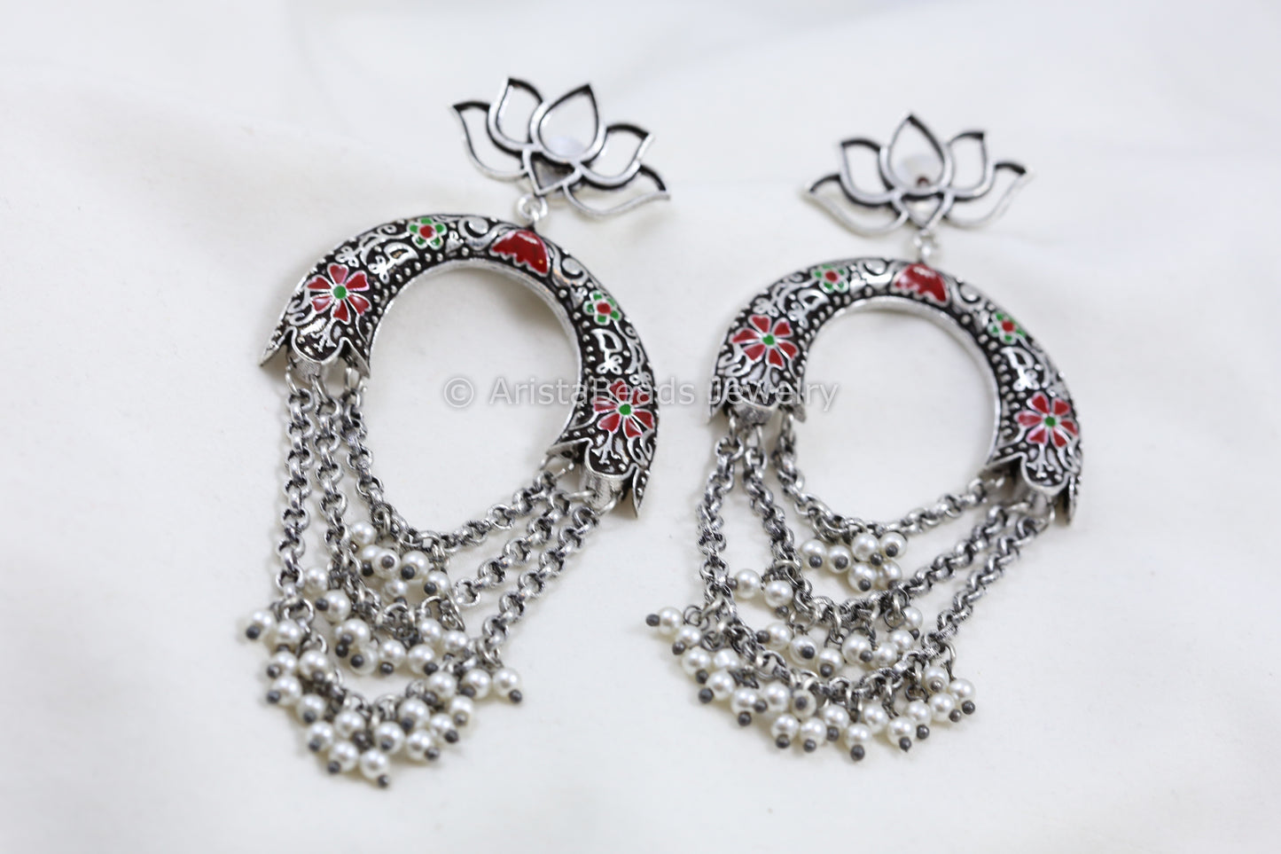 Silver Look Chandbaali - Red Green
