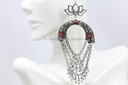 Silver Look Chandbaali - Red Green