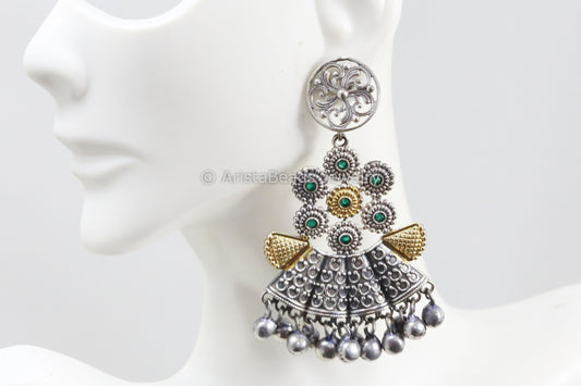 Dual Tone Silver Look Green Chandbaali