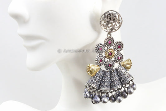 Dual Tone Silver Look Ruby Chandbaali